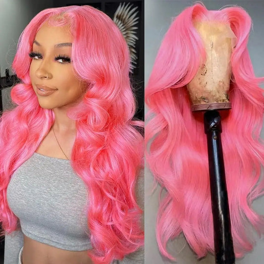 Pink Body Wave Lace Front Wig Human Hair 13x4 HD Lace Frontal Human Hair Wig 180 Density Transparent Brazilian Hair Colored Wig