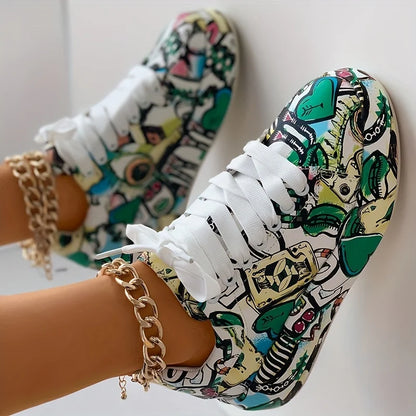 Women's graffiti print sneakers, fashion lace-up low-top platform sneakers, casual skateboard shoes