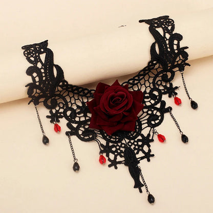 Vintage Flower Charm Pendant Choker Necklace for Women Gothic Lace Tassel Clavicle Chain Jewelry