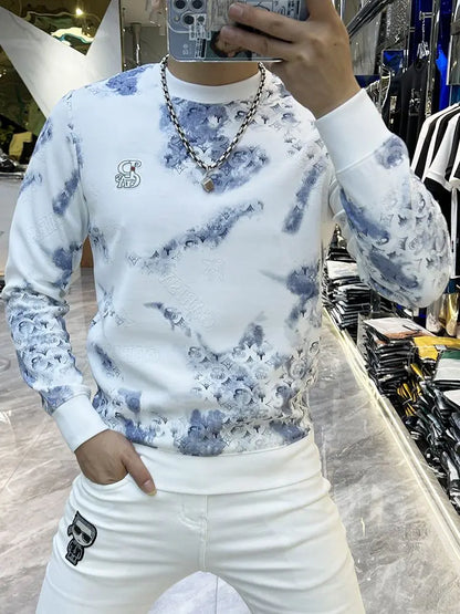 Trend Versatile Sping Autumn New Men O-Neck Graffiti Printing Contrast Color Fashion Luxury Casual Long Sleeve Sweatshirts Tops