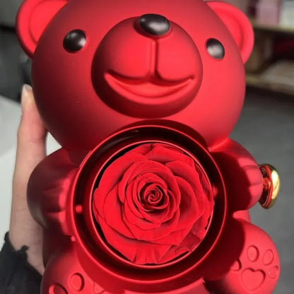 Valentine's Day Rose Hug Bear Jewelry Box Preserved Real Rose Gifts for Girlfriend Women Wife Mother's Day Birthday Anniversary