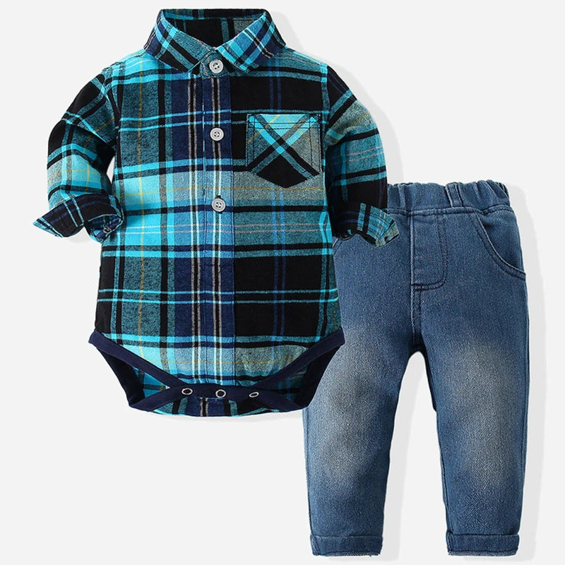 2Piece Spring Autumn Newborn Boy Clothes Korean Outfit Sets Fashion Plaid Long Sleeve Bodysuit+Jeans Baby Luxury Clothing BC1328