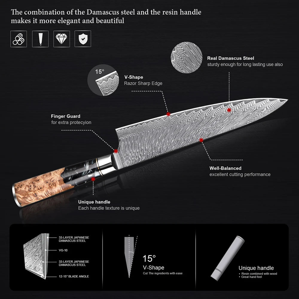 XITUO 1-9 PCS Damascus Steel Kitchen Knives High Quality Chef Chopping Vegetable Slicing Deboning Bread Knife Black Resin Handle