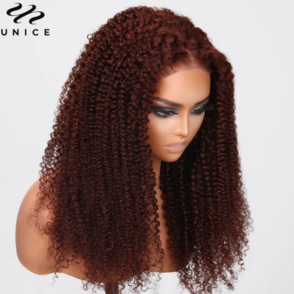 UNICE Hair Bye Bye Knots 7x5 Lace Wig Human Hair Reddish Brown Kinky Curly Wigs Pre Cut Pre Bleached Glueless Wig Ready To Wear