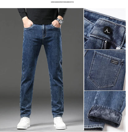 Winter Fleece Thick Warm Jeans Men's Slim Straight Elastic Denim Pants Casual Male Clothing Fashion Plush Trousers