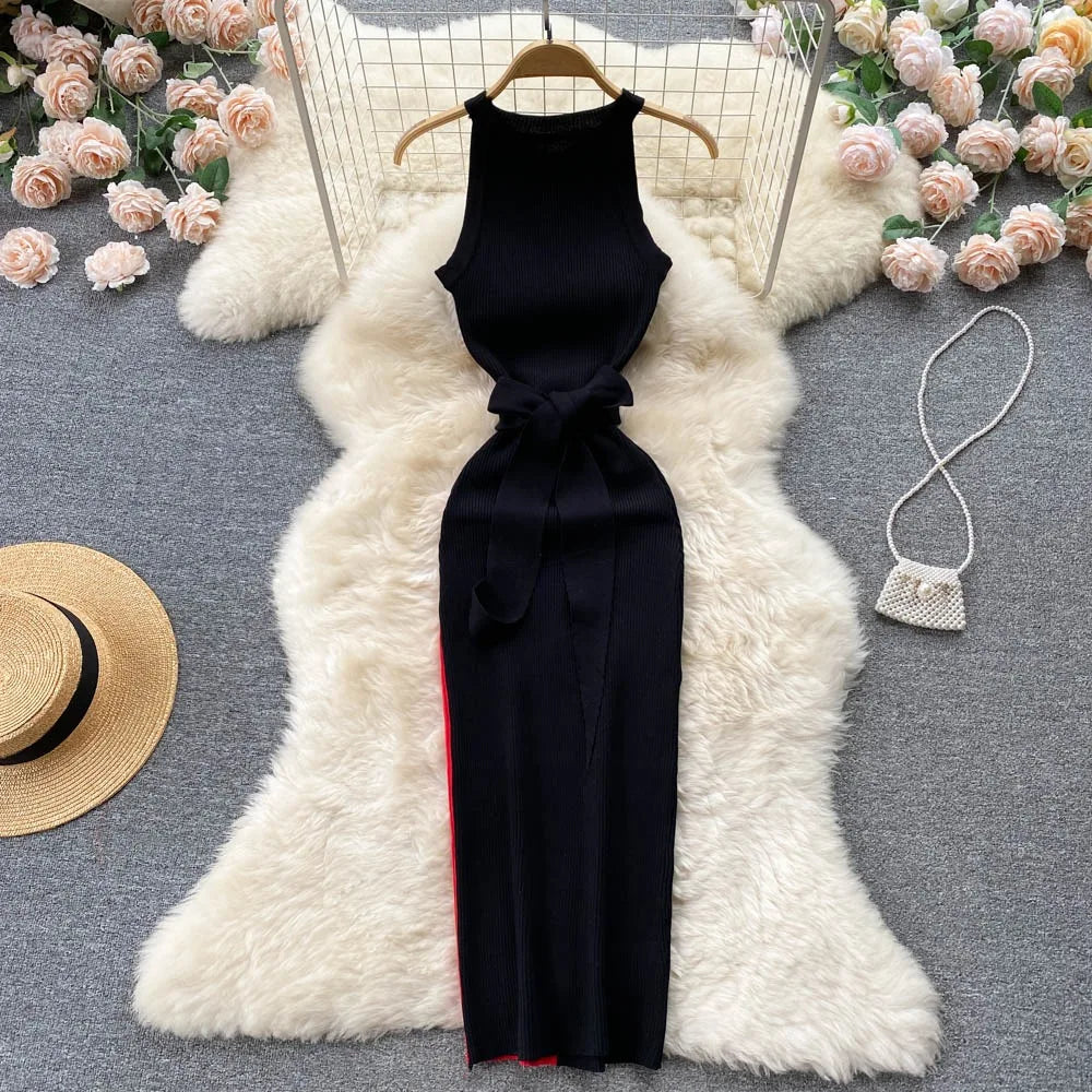 YuooMuoo Women Dress 2024 Summer Elegant Rib Knit Slim Waist Bandage Pencil Dress Office Lady Sleeveless Bodycon Sweater Dress