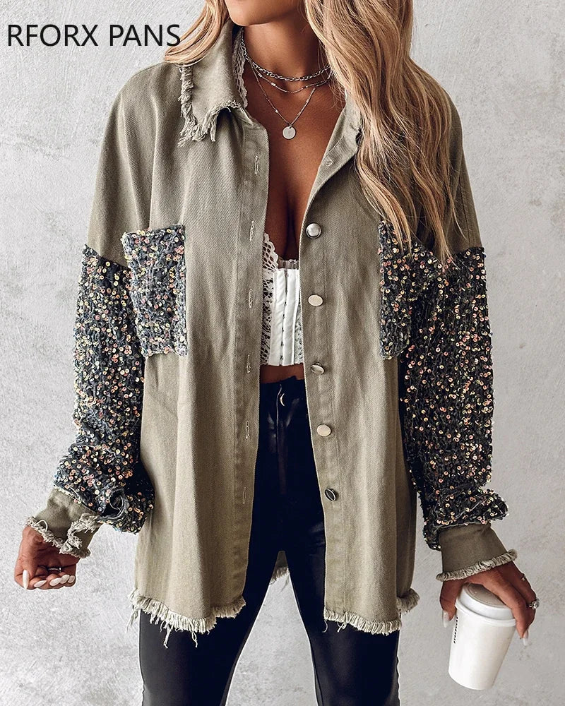 Women Denim Jackets & Coats Contrast Sequin Raw Hem Shacket