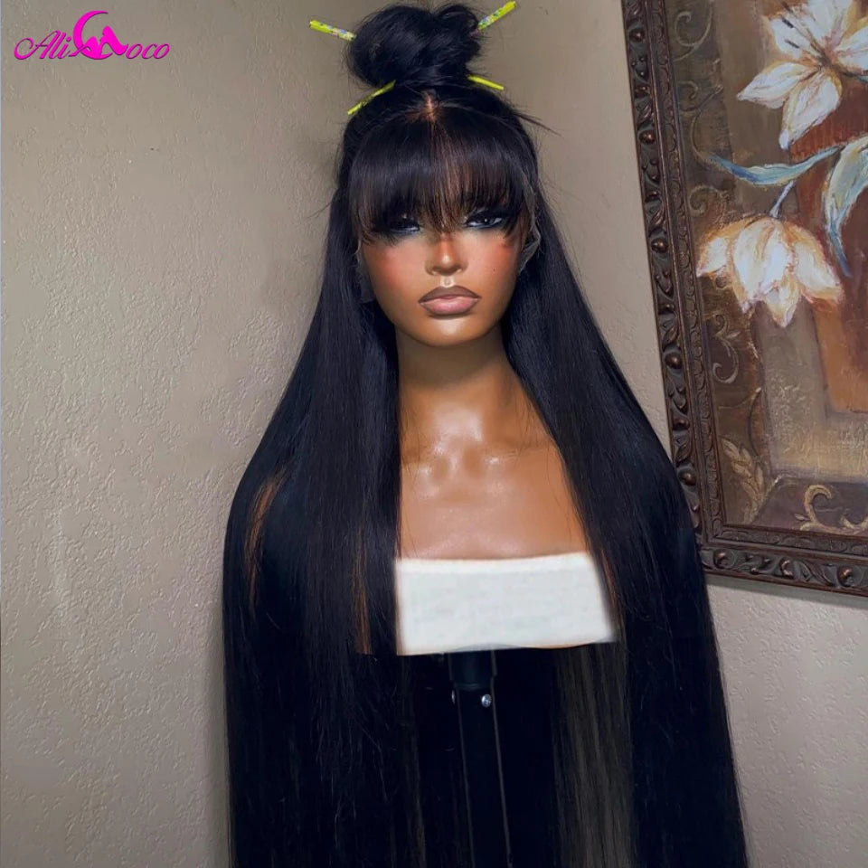 13x4 Straight Lace Front Wig With Bang Natural Color Transparent Lace Frontal Wigs Human Hair Wig With Bangs For Women Remy Wig