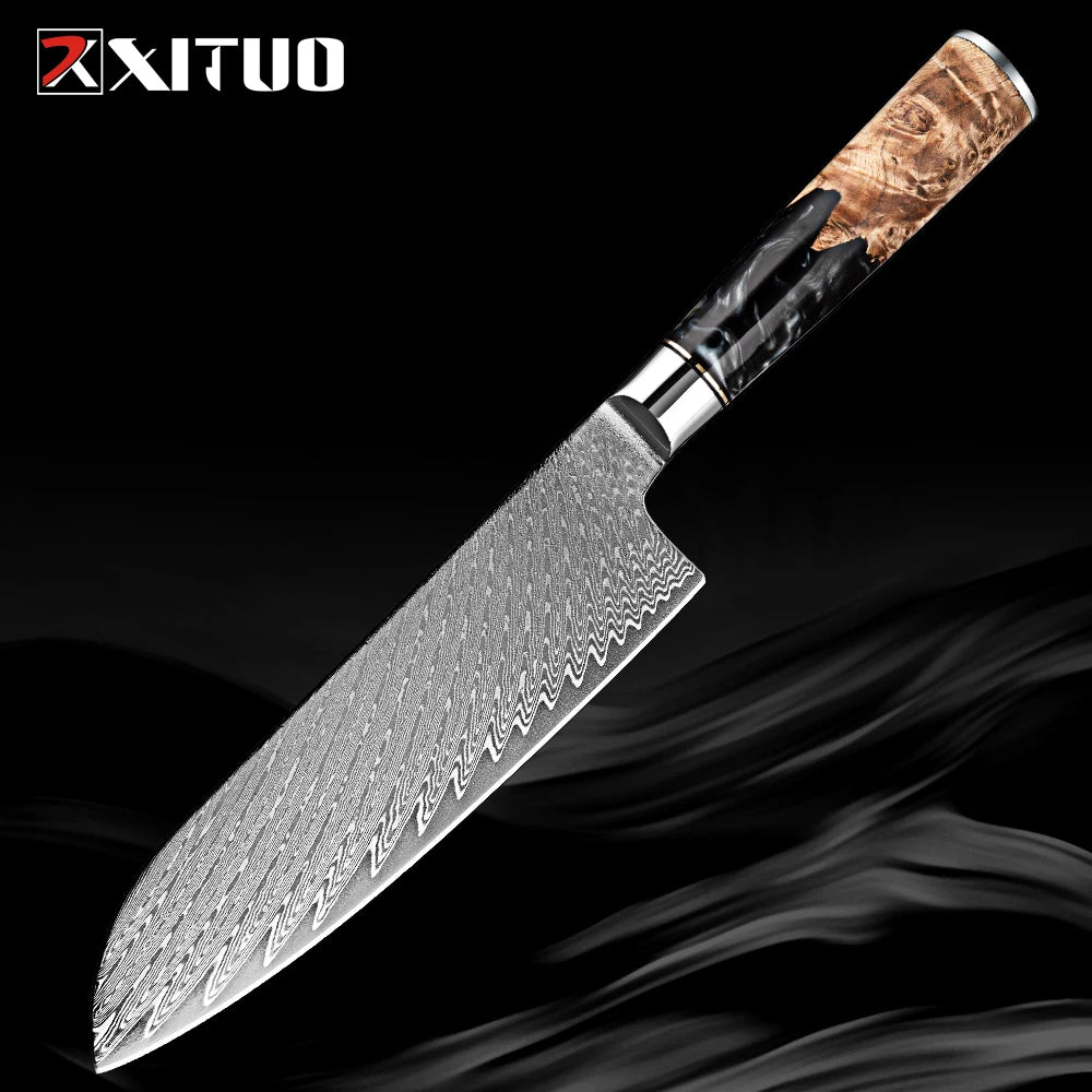 XITUO 1-9 PCS Damascus Steel Kitchen Knives High Quality Chef Chopping Vegetable Slicing Deboning Bread Knife Black Resin Handle