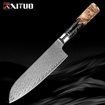 XITUO 1-9 PCS Damascus Steel Kitchen Knives High Quality Chef Chopping Vegetable Slicing Deboning Bread Knife Black Resin Handle