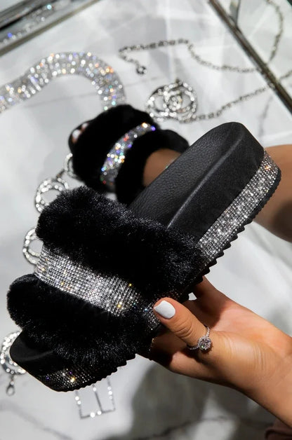 Women Fur Rhinestone Slippers Platform Wedges Without Heel Fluffy Furry Slides Flat Flip Flops Shoes Ladies Shiny Bling