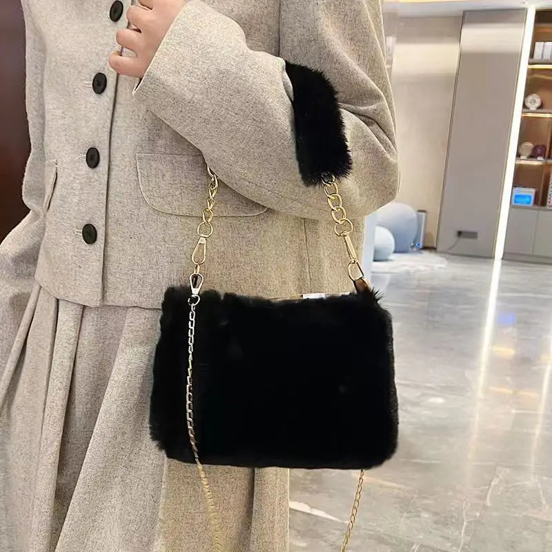 Winter Plush Tote Handbag Versatile Fluffy Shoulder Bag Soft Cute Chain Crossbody Bag Fashion Women Girls Small Square Handbag