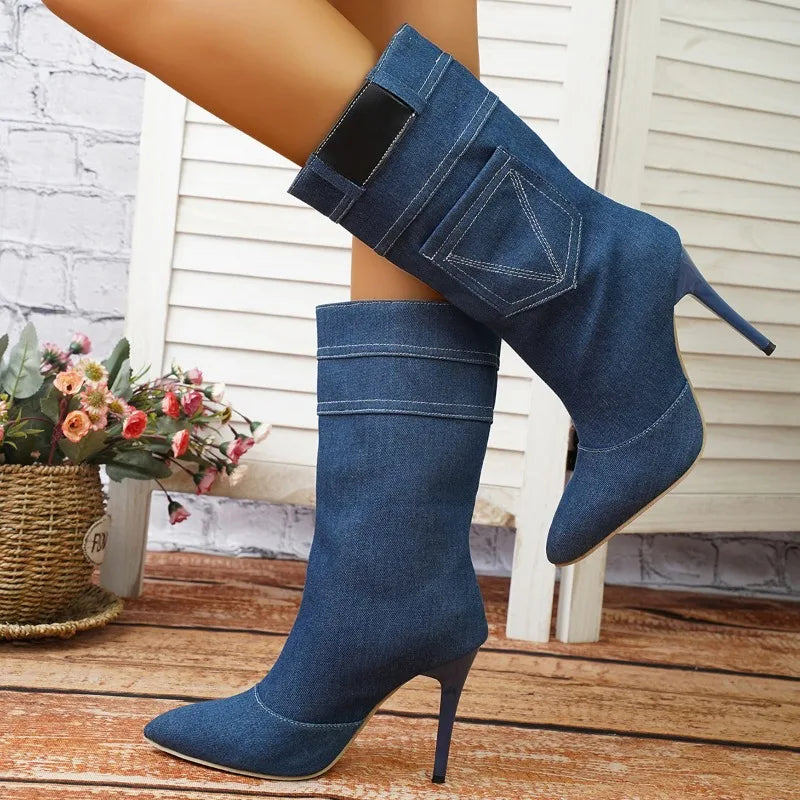 2023 Winter Women's Vintage Fashion Style Blue Denim Ankle Boots Thin High Heel Pointed Jeans Short Boots High Heel Shoes - MAGUSTA BEAUTY