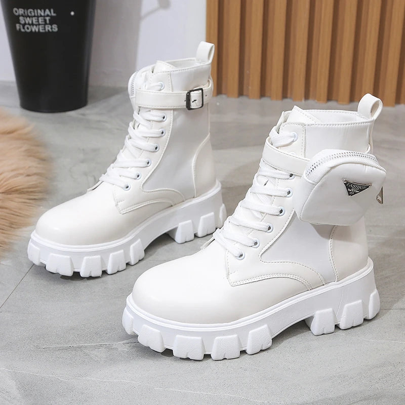 2024 New Women Thick-Soled Leather new Boots Casual Women Boots Women Fashion Lace-Up High Boots Nylon pouch heels flats booties - MAGUSTA BEAUTY