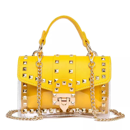 2022 New Chains Rivet Women Handbags Small White Black Pink Yellow Blue Pvc Hasp Handbags Summer Soft Shoulder Bags Cross Body