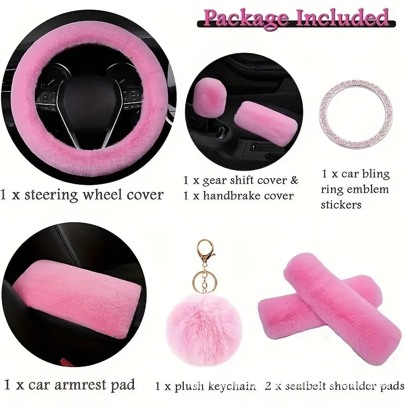 8-plece set Combination Pink Goddess Plush Car Steering Wheel CoverRex Rabbit Fur Fluffy Steering Wheel Cover