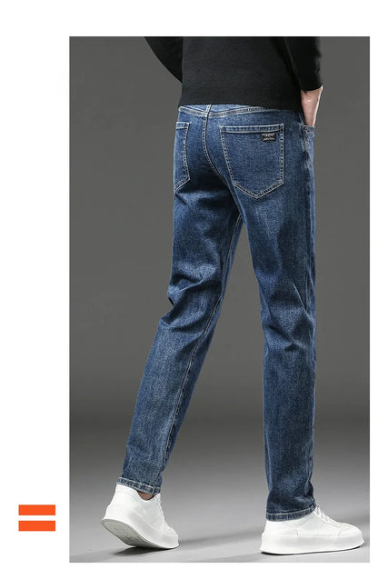 Winter Fleece Thick Warm Jeans Men's Slim Straight Elastic Denim Pants Casual Male Clothing Fashion Plush Trousers