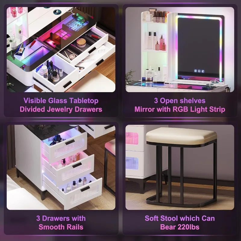 Vanity Makeup Desk Mirror LED Vanity Table Charging Station Dressers 5 Drawers