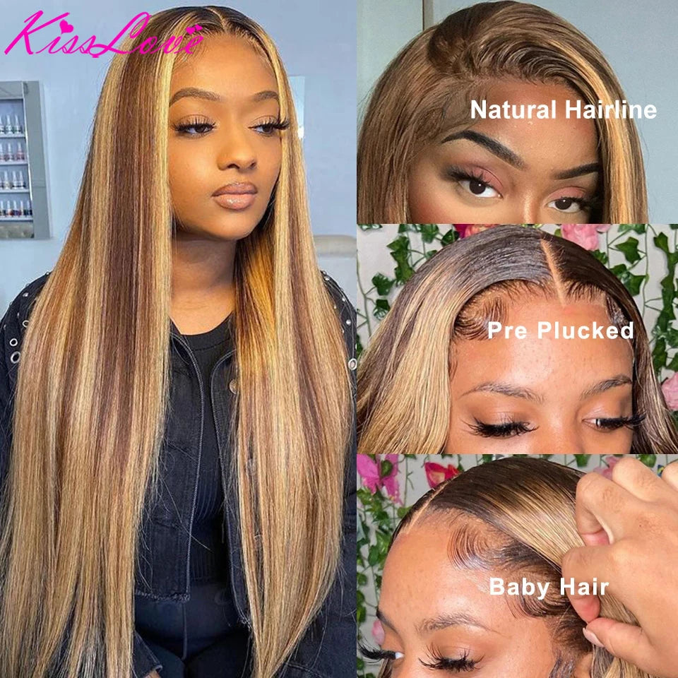 13x4/13X6 Ombre Highlight Wig HD Transparent Lace Front Wigs Straight Honey Blonde Colored Lace Frontal Wig 4X4 Lace Closure Wig