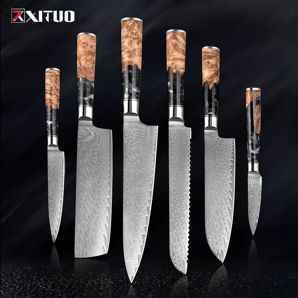 XITUO 1-9 PCS Damascus Steel Kitchen Knives High Quality Chef Chopping Vegetable Slicing Deboning Bread Knife Black Resin Handle