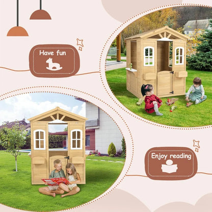 Wooden Playhouse for Kids Outdoor, Country Style Playhouse with Working Door, Service Stations, Natural,39" L X 38" W X 55.5" H