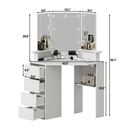 Vabches Corner Vanity Makeup Desk with Lights Tri-Fold Mirror Bedroom Vanity Table with Power Strip 4 Drawer Wood Dressing Table