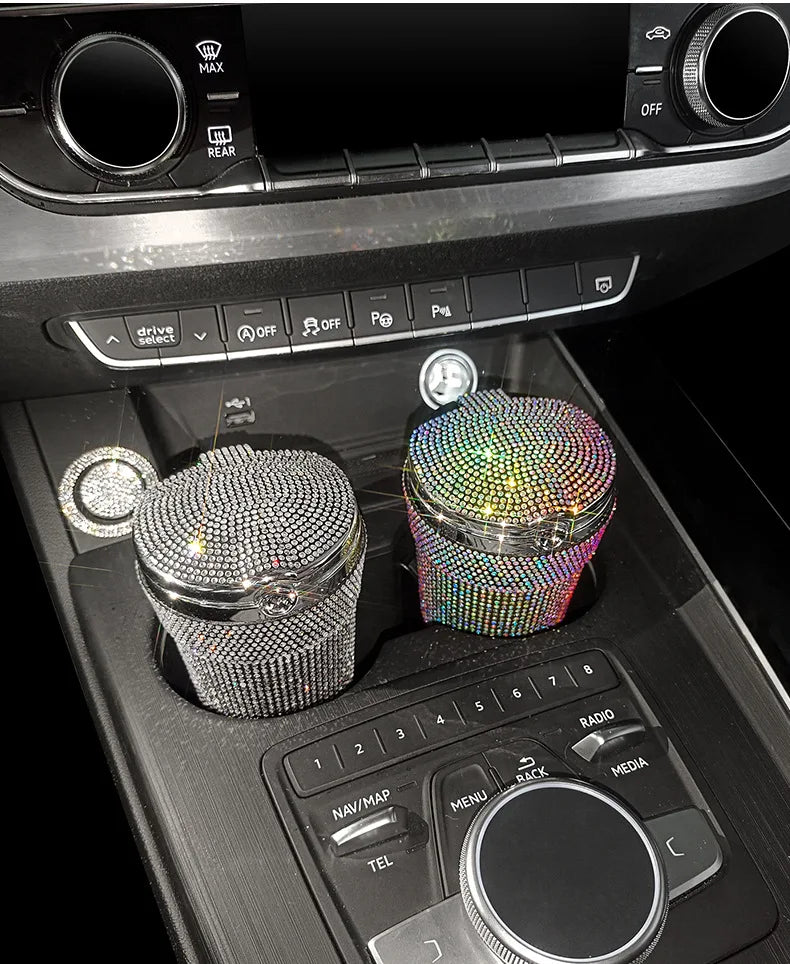 Crystal Diamond Car Ashtray Auto Portable Bling Cigarette Smokeless with LED Light Indicator Car Accessories for Women