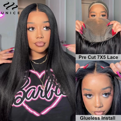 UNice Hair Pre Everything 7x5 Yaki Straight Wig Pre Bleached Knots Pre Cut Lace Wig Human Hair Glueless Wig Ready To Wear And Go