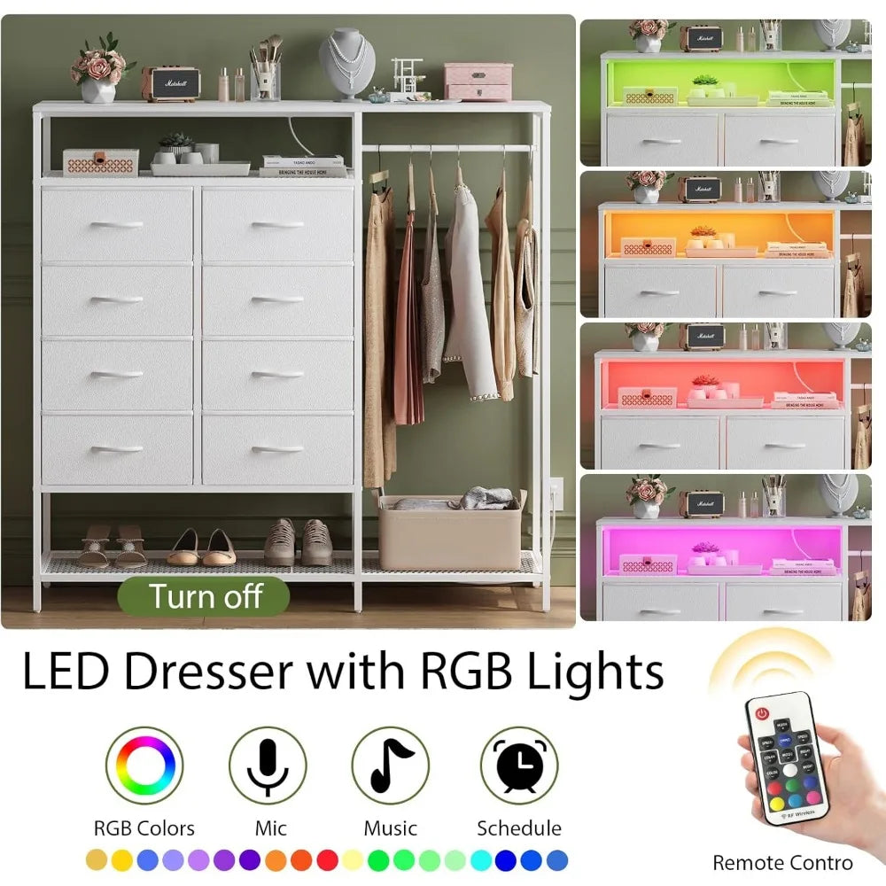 White Dresser for Bedroom with 8 Drawers,Bedroom Dresser with Hanging Rack,Clothes Dresser with Led Lights,with Charging Station