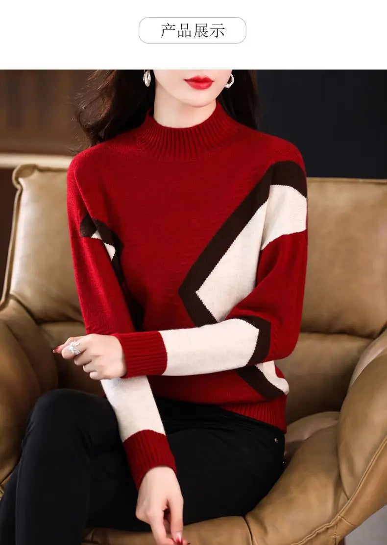 Velvet and Thickened Women's Top 2024 New Autumn/Winter Korean Edition Color Block Knitted Half High Neck Sweater