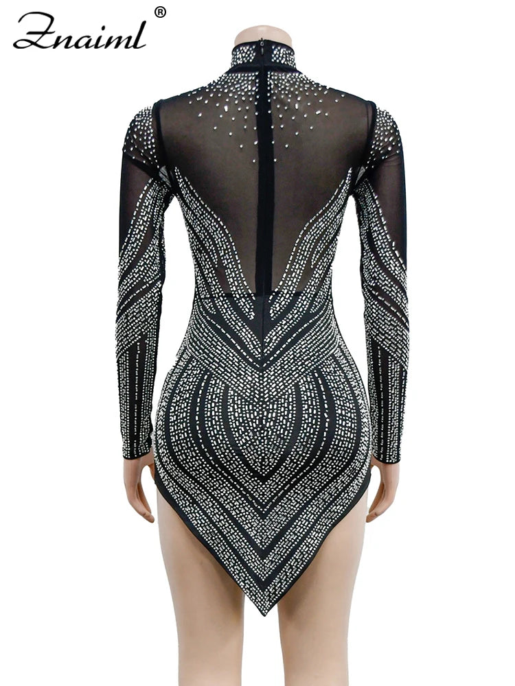 Znaiml Luxury Sheer Mesh Patchwork White Short Dress for Women Sparkly Crystal Rhinestones  Party Night Club Birthday Vestidos