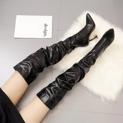 2024 New Winter Leather Boots Women Stiletto Pointed Toe White Heeled Knee Boots Wine Glass Heel Side zipper Thigh Gigh Booties - MAGUSTA BEAUTY