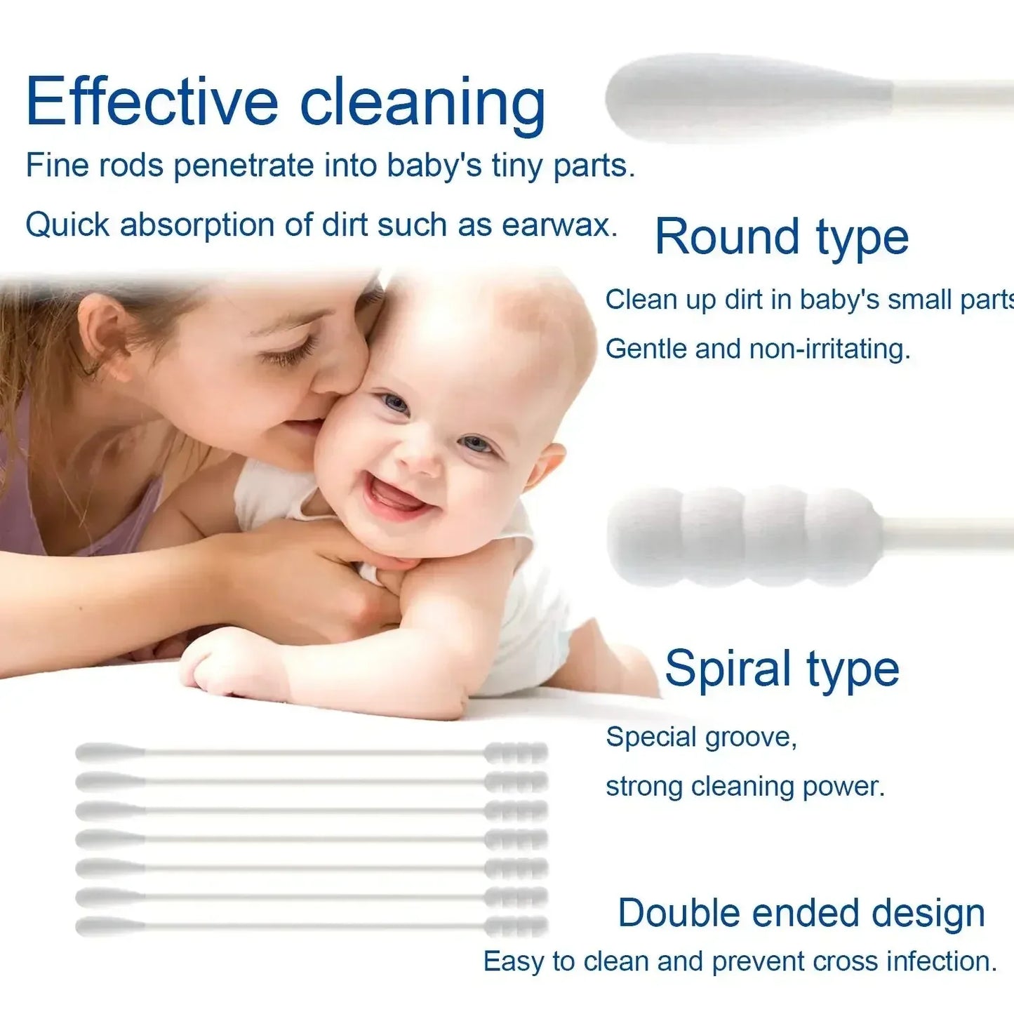 100pcs Per Pack, 5 Packs, Double-ended Cotton Swabs, Baby Cotton Swabs, Ear Cleaning Sticks, Healthy Cleaning Tools