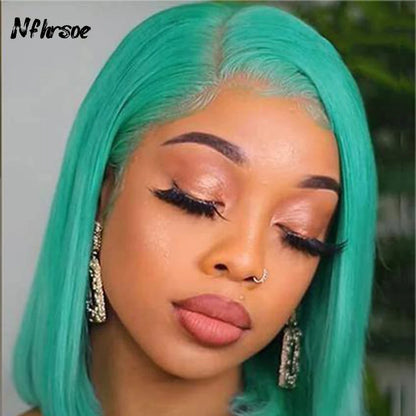 13x4 Mint Green Short Bob Lace Front Human Hair Wigs HD Transparent Straight Colored Frontal Wigs  Bob Wig For Women