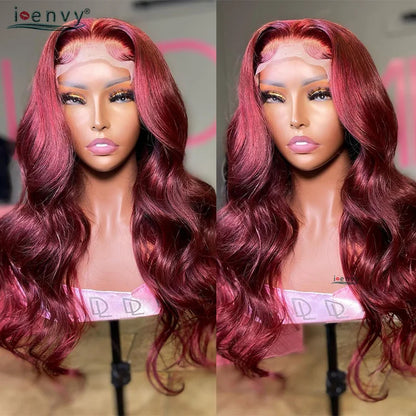 13X4 Hd Transparent Lace Front Wigs Burgundy Red Human Hair Wigs Pre Plucked 30 Inches Body Wave Lace Front Wigs For Women Curly