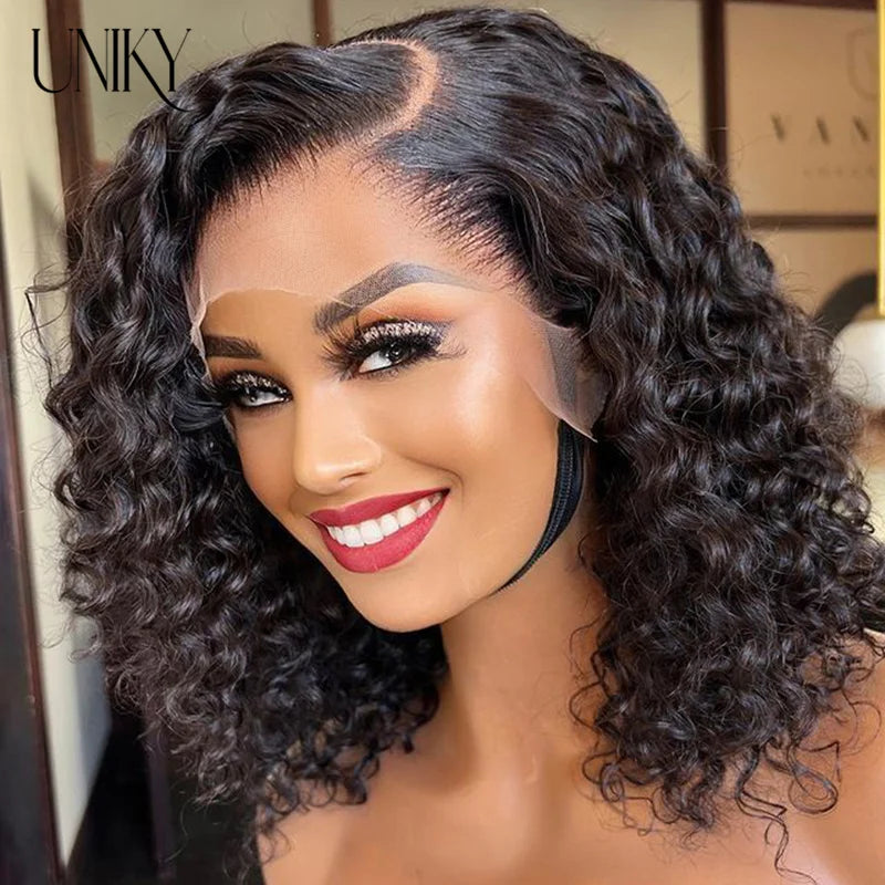 Water Wave Lace Wigs 180Density Transparent 4x4 Closure Lace Wigs For Women Deep Curly Bob Wig Side Part T Part Human Hair Wigs