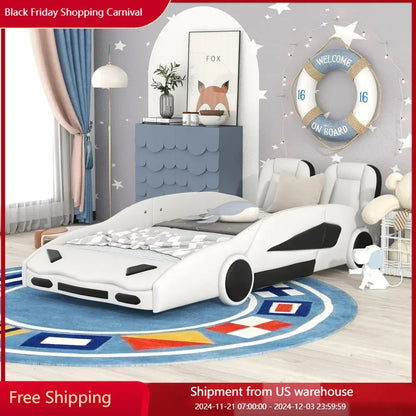 Twin Size Car Bed,Race Car-Shaped Platform Wooden Bedframe with Wheels & Both Sides,Slat Support,Children Beds Furniture