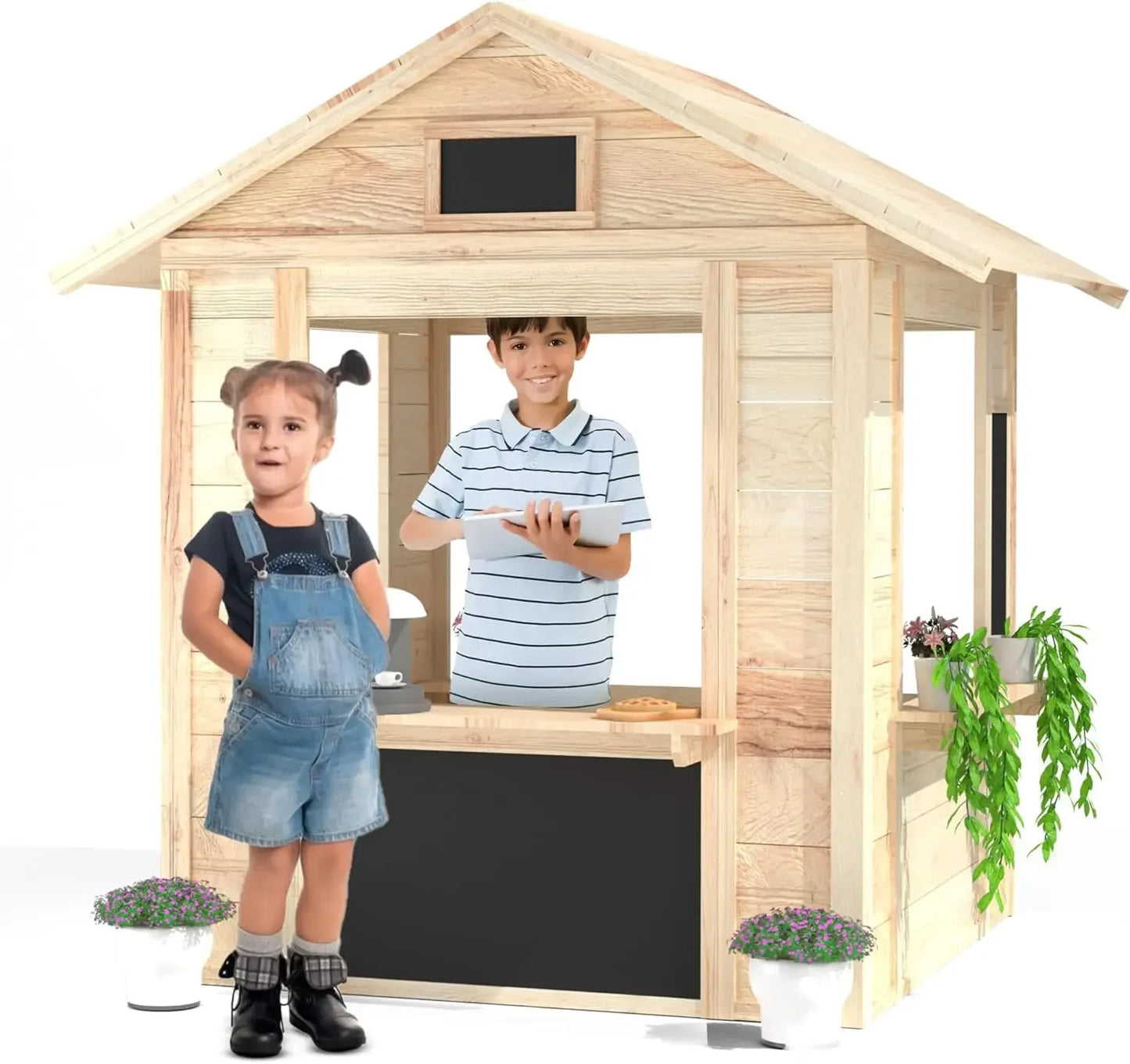 Wooden Outdoor Playhouse, Indoor/Outdoor Playhouse Working Doors with Wooden Floor, Easy Assembly Playhouses