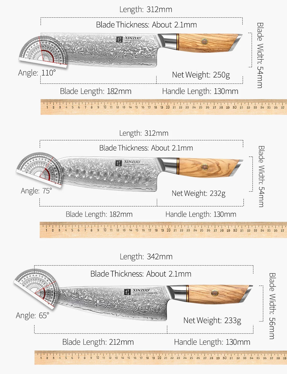 XINZUO 1-8pcs Kitchen Knife Set 73 Layers Custom Damascus Steel 15°±1 Per Side Steel Blade with Olive Wood Handle