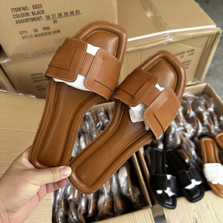 Women Fashion Slippers Summer Outdoors Beach Slippers Soft Flats Home slippers Female Luxury Leather Sandals Casual Slides Shoes