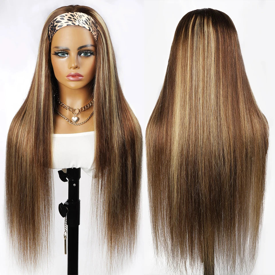 Uwigs 4/27 Highlight Headband Wigs Human Hair 250 Density Straight 100% Human Hair Wigs Full Machine Made Wigs For Women