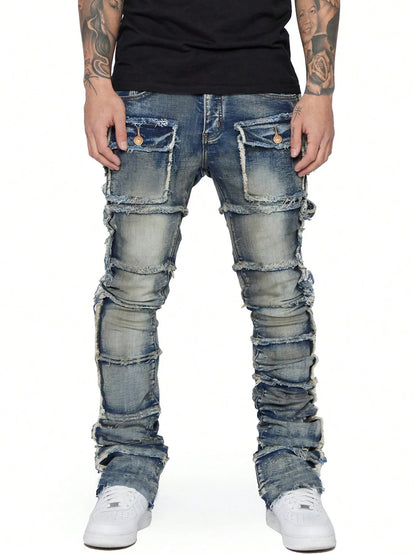 Trendy Men Jeans, European and American Fashionable Workwear with Patch, Elastic, Laminated and Slightly Flared Men Denim Pants.