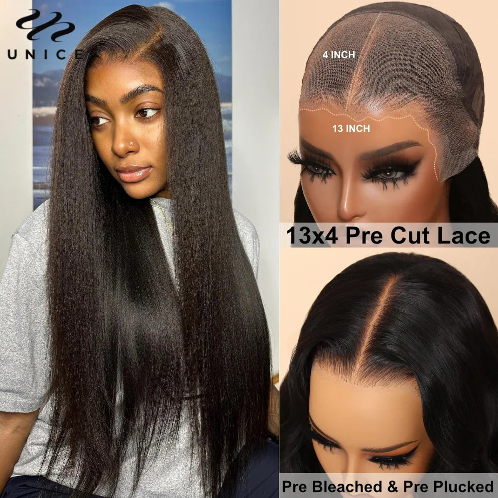 UNice Hair Pre Everything 13x4 Lace Frontal Wig Human Hair Yaki Straight Wear Go Glueless Wig Pre Bleached 7x5 Lace Closure Wig