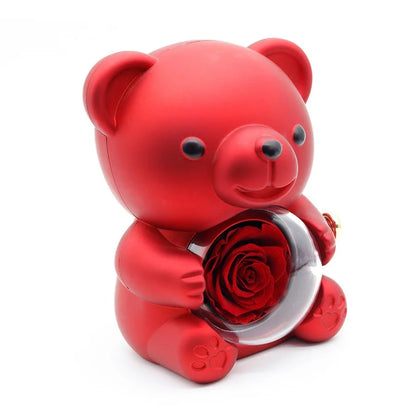 Valentine's Day Rose Hug Bear Jewelry Box Preserved Real Rose Gifts for Girlfriend Women Wife Mother's Day Birthday Anniversary