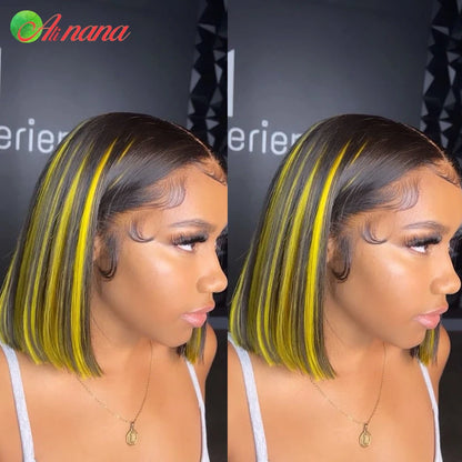 Transparent Straight Bob 13x4 Lace Frontal Wig Peruvian Highlight Yellow Pink Blue Colored Short Bob Human Hair Wig For Women