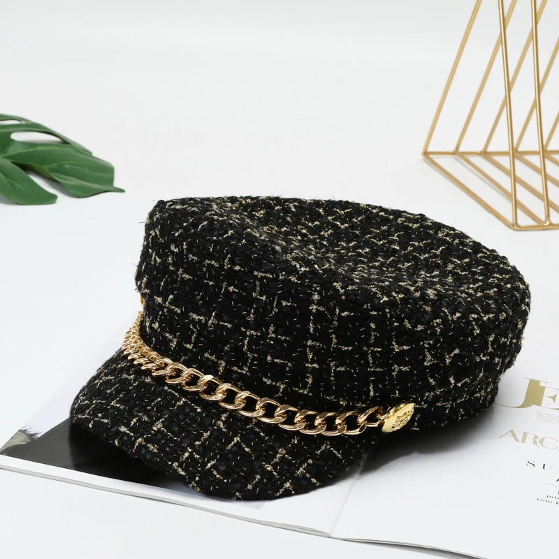 Pearl Chain Flat Top Navy Hat Fashion Beret Newsboy Caps Berret Woman Octagonal Hats Women's Designer Apparel boinas clasicas