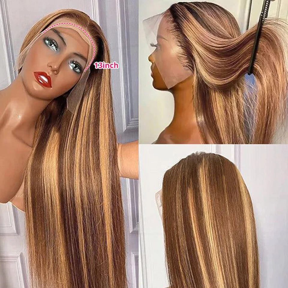 13X4 P4/27 Transparent Lace Frontal Human Hair Wig Honey Blonde Piano Highlight Colored Straight Indian Remy Hair 200% Density