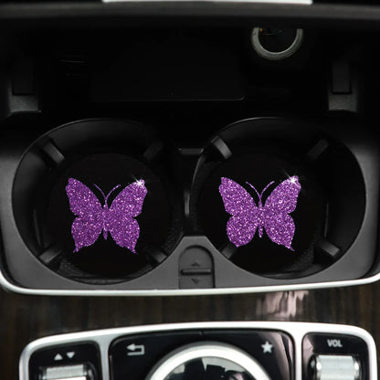 Two Cute Pink Butterflies Glitter Light Car Water Cup Pads for Women with Car Accessories