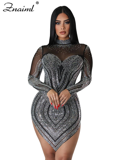 Znaiml Luxury Sheer Mesh Patchwork White Short Dress for Women Sparkly Crystal Rhinestones  Party Night Club Birthday Vestidos