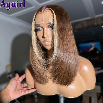 180% Density Highlight Honey Blonde Brown Straight Short Bob Human Hair Wigs Pre Plucked 13x4 Bob Transparent Lace Frontal Wigs